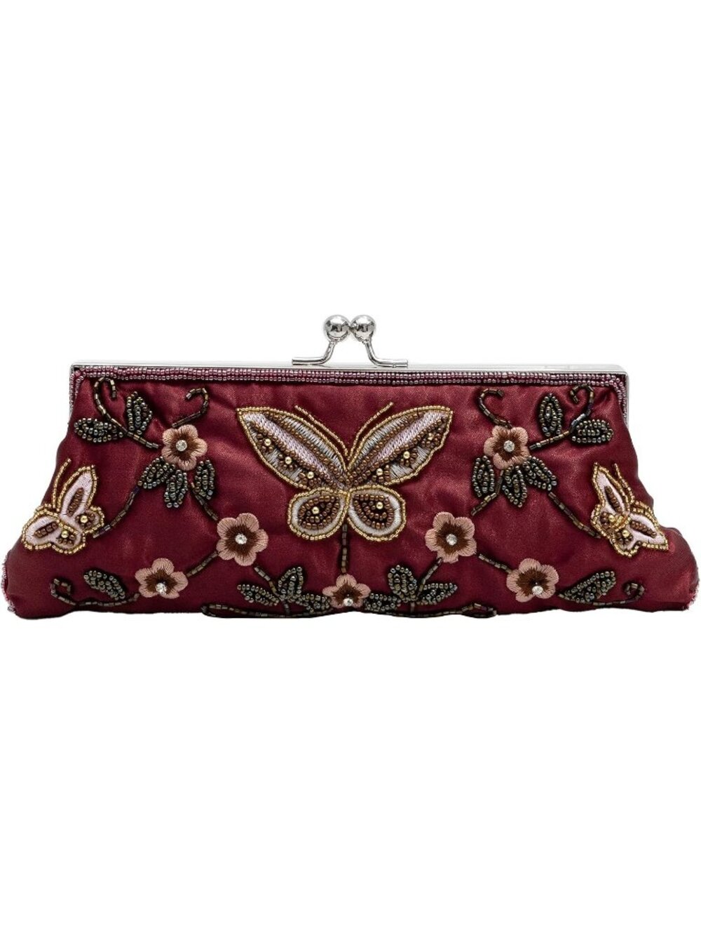 Womens Burgundy Beaded Butterfly Embroidered Kiss Lock Frame Clutch Evening Bag